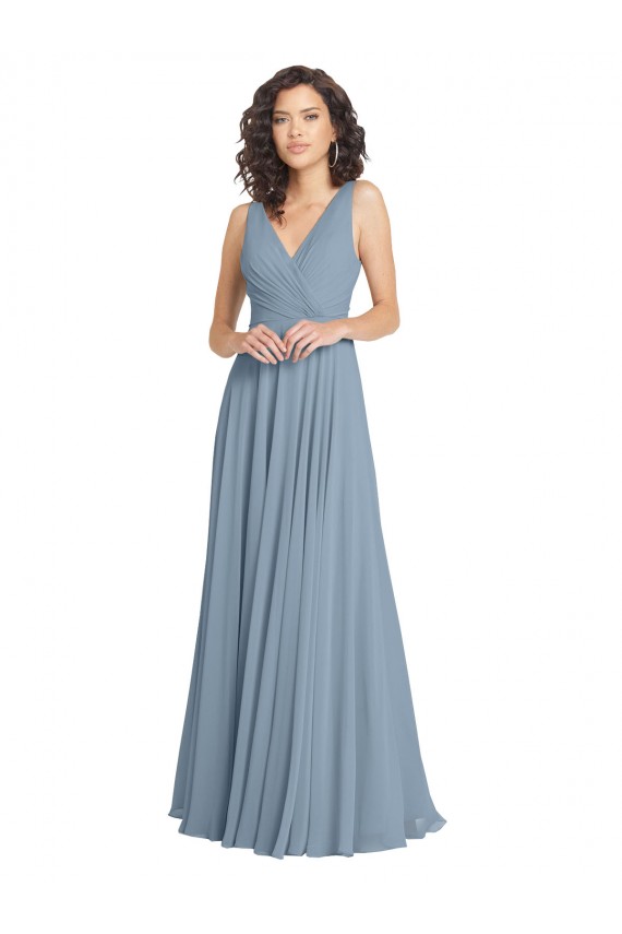 Azul polvoriento línea A Cuello en V Gasa Largo Vestidos de dama de honor
