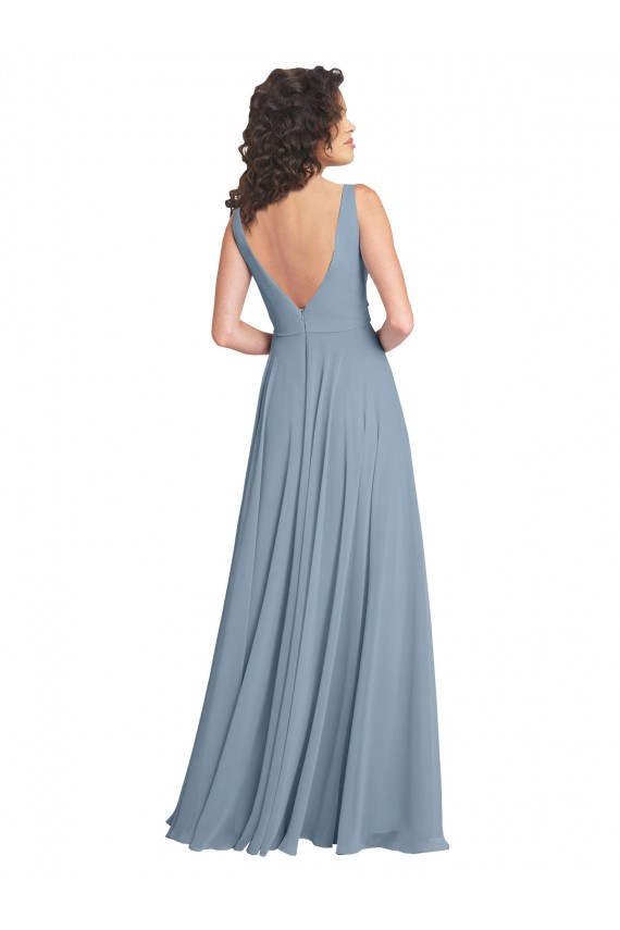 Azul polvoriento línea A Cuello en V Gasa Largo Vestidos de dama de honor