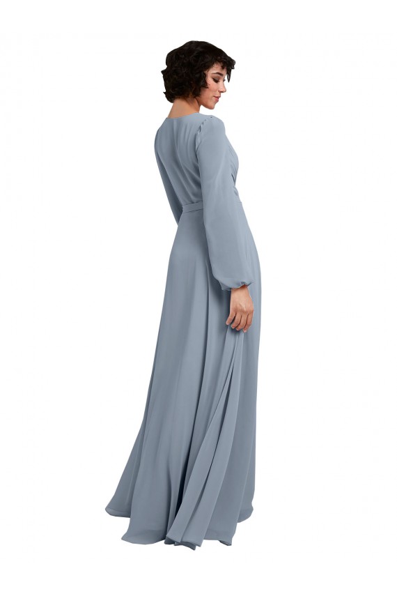 Azul polvoriento línea A Cuello en V Gasa Largo Vestidos de dama de honor