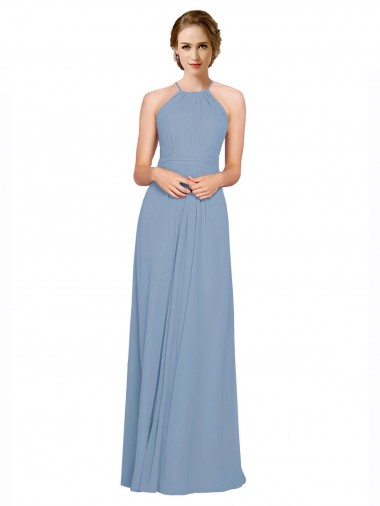 Azul polvoriento línea A Halter Cuello Alto Gasa Largo Vestidos de dama de honor