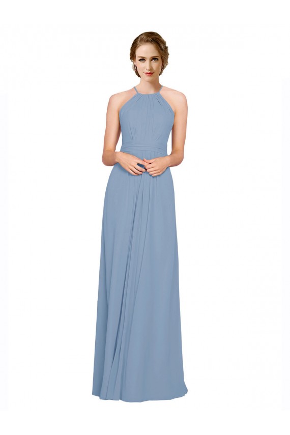 Azul polvoriento línea A Halter Cuello Alto Gasa Largo Vestidos de dama de honor