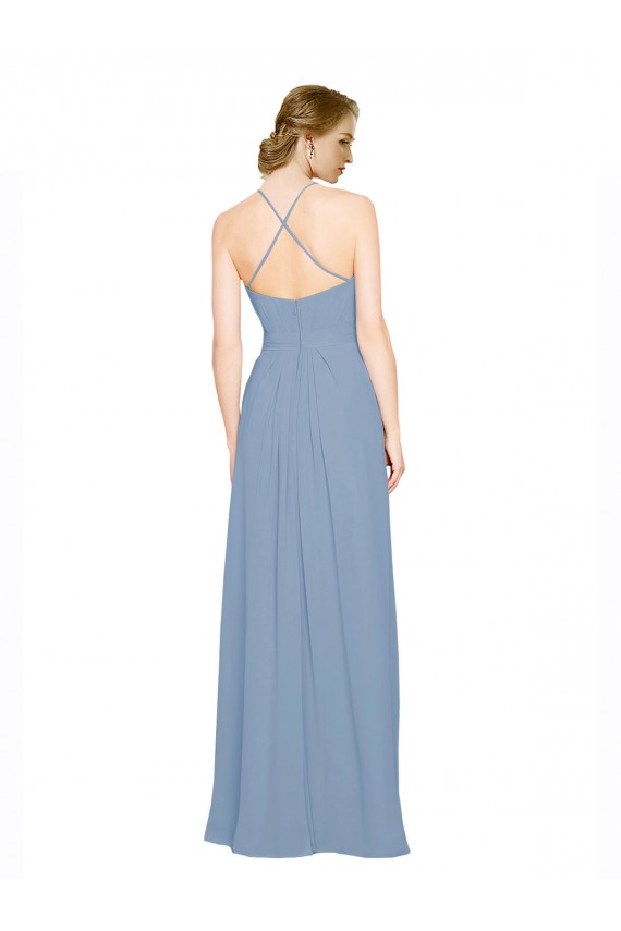 Azul polvoriento línea A Halter Cuello Alto Gasa Largo Vestidos de dama de honor