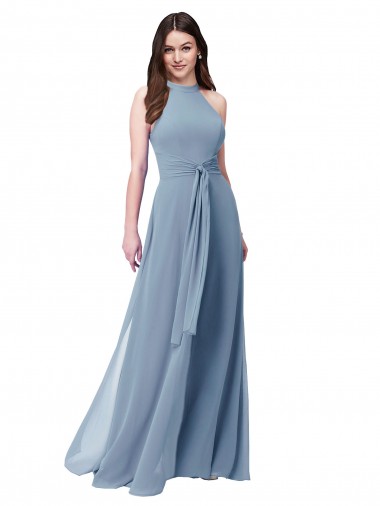 Azul polvoriento línea A Halter Cuello Alto Gasa Largo Vestidos de dama de honor