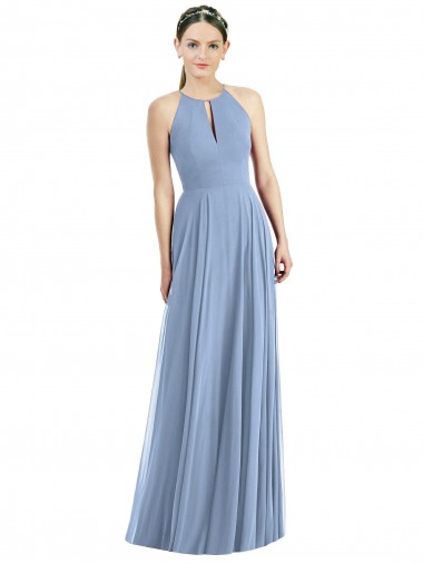 Azul polvoriento línea A Halter Gasa Largo Vestidos de dama de honor