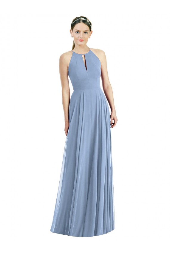 Azul polvoriento línea A Halter Gasa Largo Vestidos de dama de honor