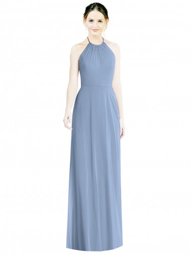 Azul polvoriento línea A Halter Gasa Largo Vestidos de dama de honor