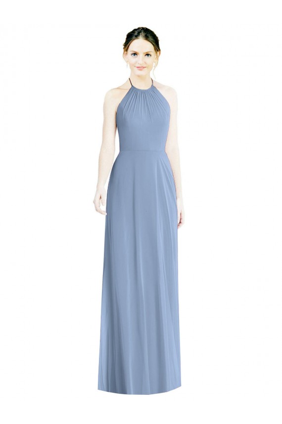 Azul polvoriento línea A Halter Gasa Largo Vestidos de dama de honor