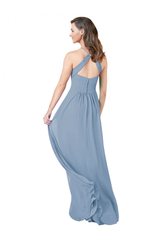 Azul polvoriento línea A Halter Gasa Largo Vestidos de dama de honor