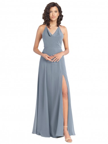 Azul polvoriento línea A Halter Gasa Largo Vestidos de dama de honor