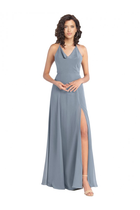 Azul polvoriento línea A Halter Gasa Largo Vestidos de dama de honor