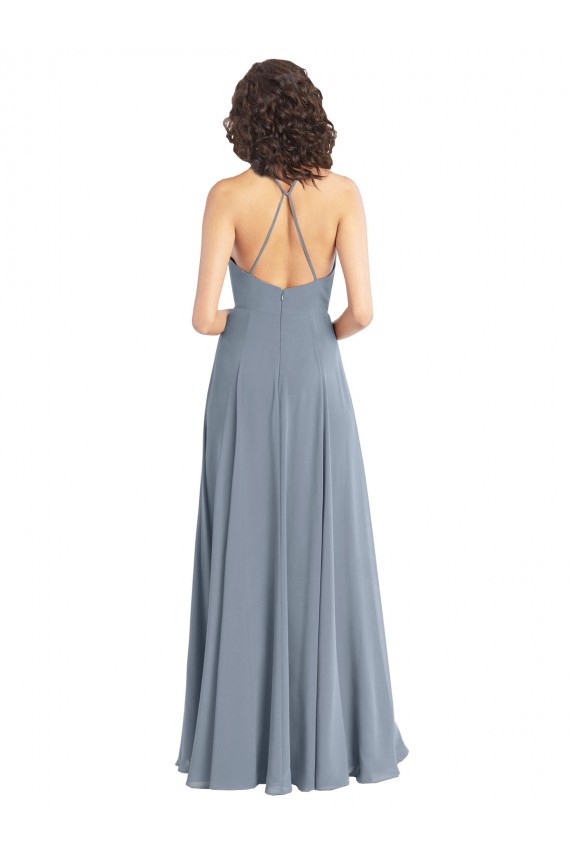 Azul polvoriento línea A Halter Gasa Largo Vestidos de dama de honor