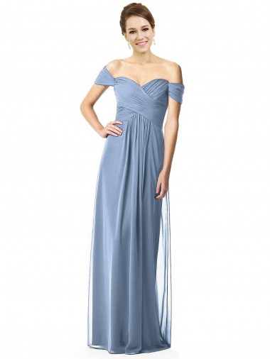 Azul polvoriento línea A Hombros Descubiertos Gasa Largo Vestidos de dama de honor