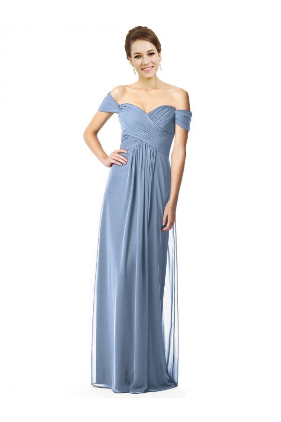 Azul polvoriento línea A Hombros Descubiertos Gasa Largo Vestidos de dama de honor