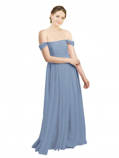 Azul polvoriento línea A Hombros Descubiertos Gasa Largo Vestidos de dama de honor