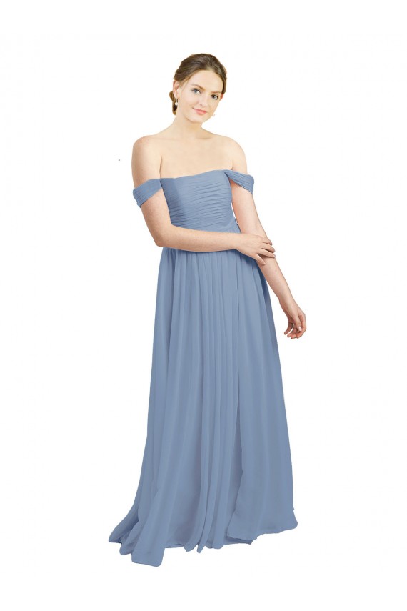 Azul polvoriento línea A Hombros Descubiertos Gasa Largo Vestidos de dama de honor