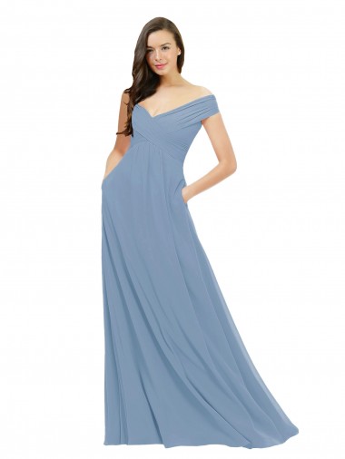 Azul polvoriento línea A Hombros Descubiertos Gasa Largo Vestidos de dama de honor