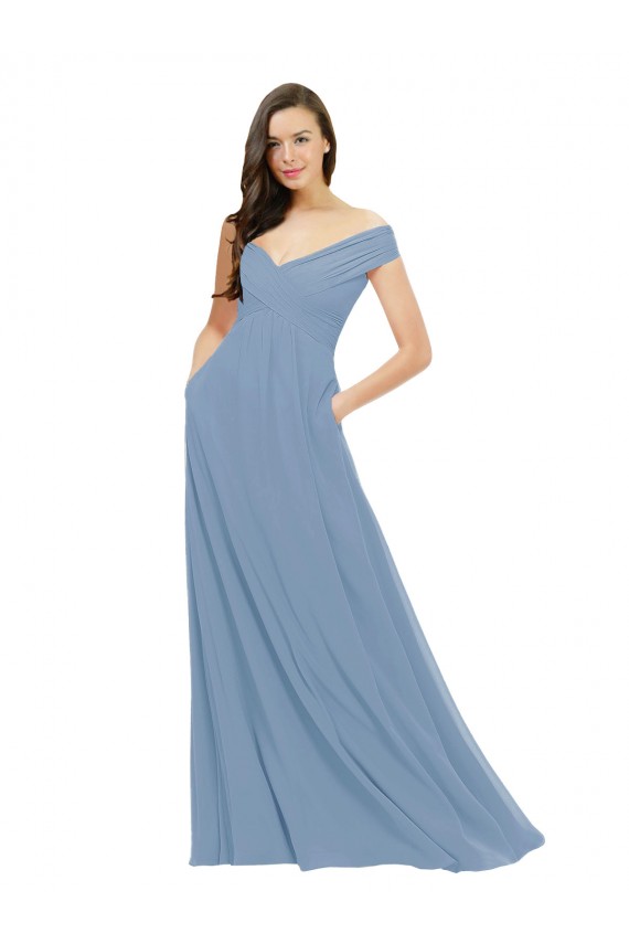Azul polvoriento línea A Hombros Descubiertos Gasa Largo Vestidos de dama de honor
