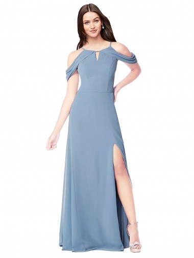 Azul polvoriento línea A Hombros Descubiertos Gasa Largo Vestidos de dama de honor