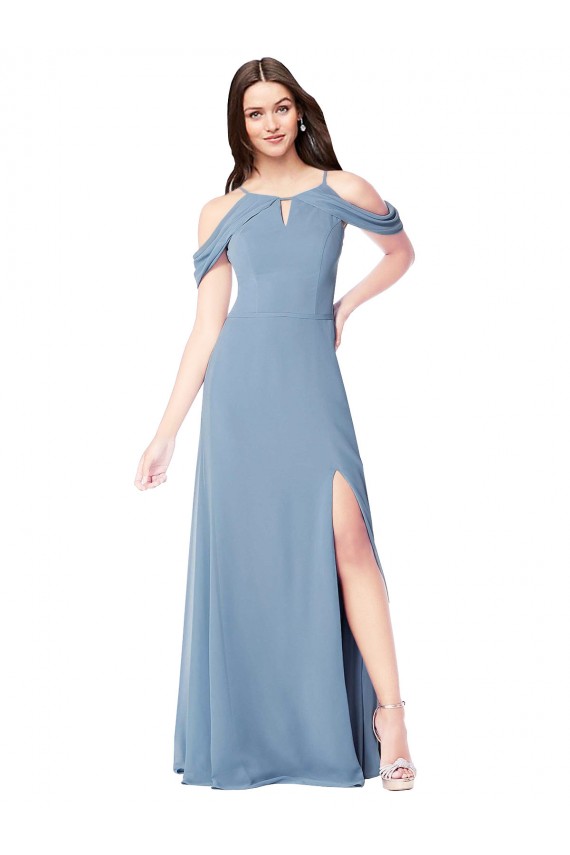 Azul polvoriento línea A Hombros Descubiertos Gasa Largo Vestidos de dama de honor