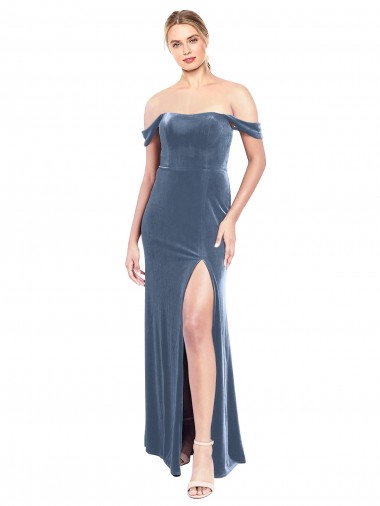 Azul polvoriento línea A Hombros Descubiertos Sin tirantes Terciopelo Elástico Largo Vestidos de dama de honor / Vestidos de fiesta