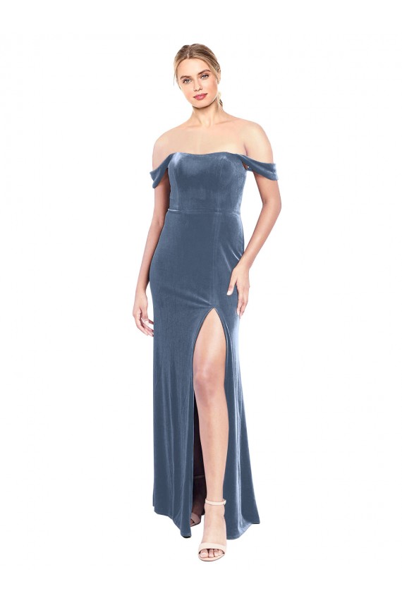 Azul polvoriento línea A Hombros Descubiertos Sin tirantes Terciopelo Elástico Largo Vestidos de dama de honor / Vestidos de fiesta