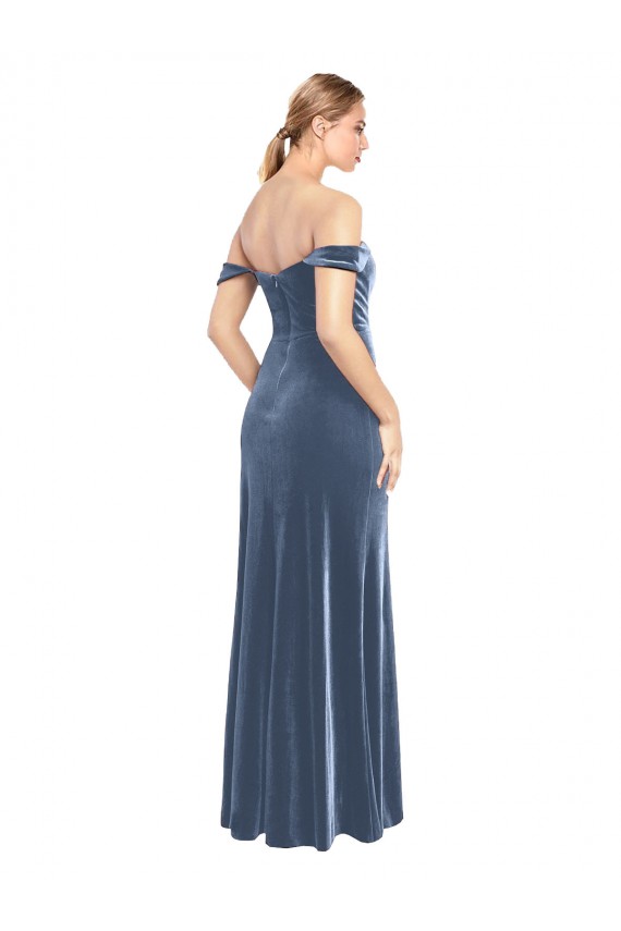 Azul polvoriento línea A Hombros Descubiertos Sin tirantes Terciopelo Elástico Largo Vestidos de dama de honor / Vestidos de fiesta