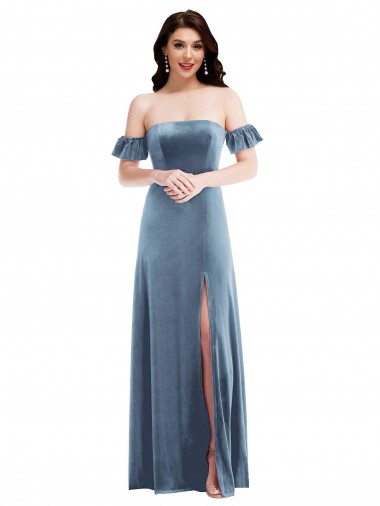 Azul polvoriento línea A Hombros Descubiertos Terciopelo Elástico Largo Vestidos de dama de honor / Vestidos de fiesta