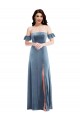 Azul polvoriento línea A Hombros Descubiertos Terciopelo Elástico Largo Vestidos de dama de honor / Vestidos de fiesta