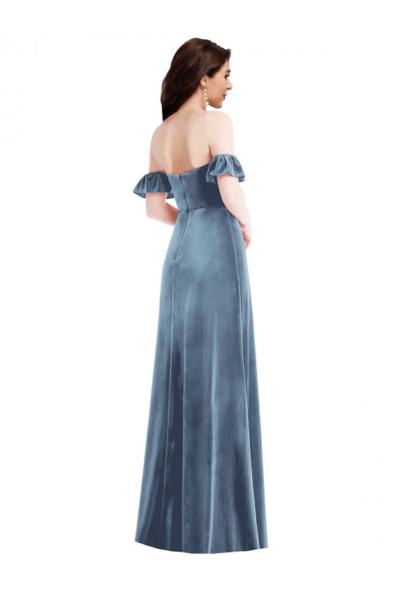 Azul polvoriento línea A Hombros Descubiertos Terciopelo Elástico Largo Vestidos de dama de honor / Vestidos de fiesta