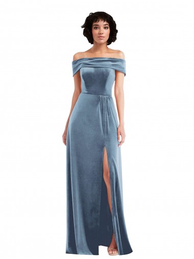 Azul polvoriento línea A Hombros Descubiertos Terciopelo Elástico Largo Vestidos de dama de honor / Vestidos de fiesta