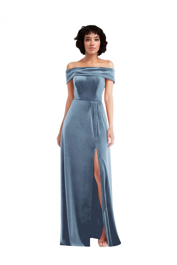 Azul polvoriento línea A Hombros Descubiertos Terciopelo Elástico Largo Vestidos de dama de honor / Vestidos de fiesta