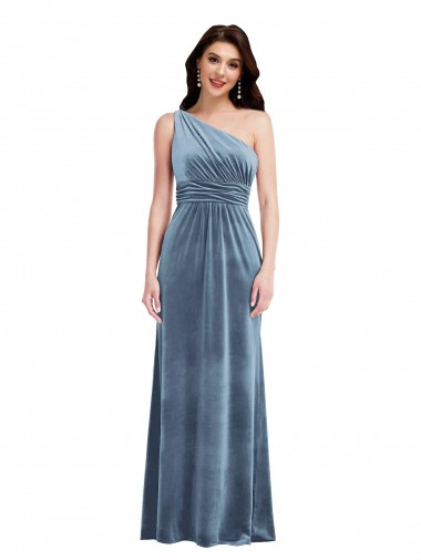 Azul polvoriento línea A Hombros Descubiertos Terciopelo Elástico Largo Vestidos de dama de honor / Vestidos de fiesta