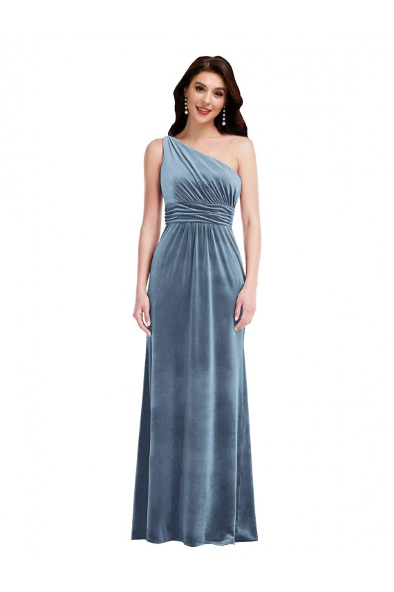 Azul polvoriento línea A Hombros Descubiertos Terciopelo Elástico Largo Vestidos de dama de honor / Vestidos de fiesta