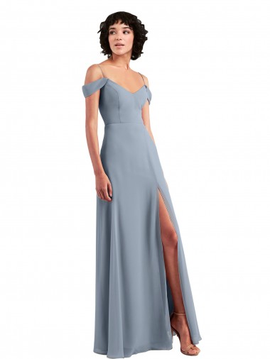 Azul polvoriento línea A Hombros Descubiertos Tirantes espagueti Gasa Largo Vestidos de dama de honor
