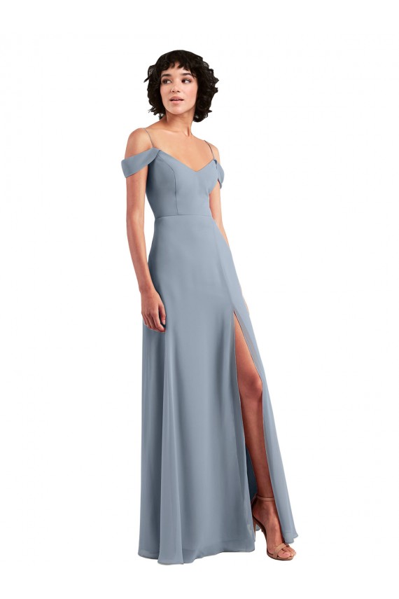 Azul polvoriento línea A Hombros Descubiertos Tirantes espagueti Gasa Largo Vestidos de dama de honor