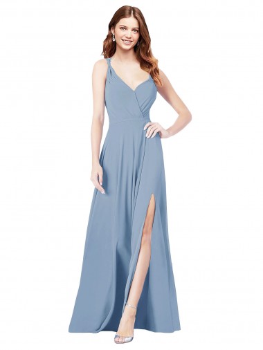 Azul polvoriento línea A Tirantes espagueti Cuello en V Gasa Largo Vestidos de dama de honor