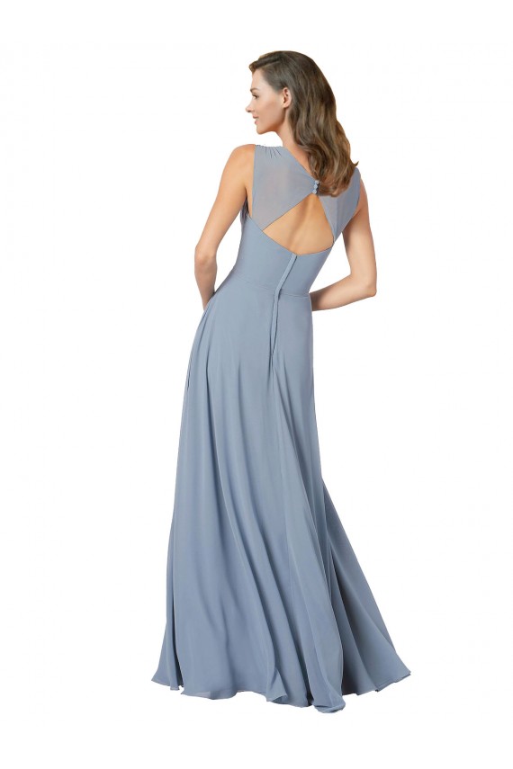 Azul polvoriento línea A Tirantes espagueti Cuello en V Gasa Largo Vestidos de dama de honor