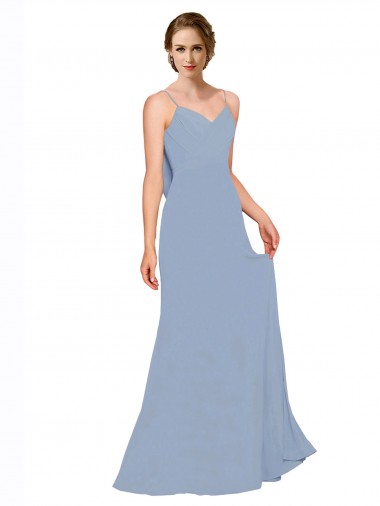 Azul polvoriento línea A Tirantes espagueti Gasa Largo Vestidos de dama de honor