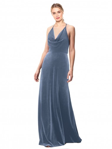 Azul polvoriento línea A Tirantes espagueti Halter Terciopelo Elástico Largo Vestidos de dama de honor / Vestidos de fiesta