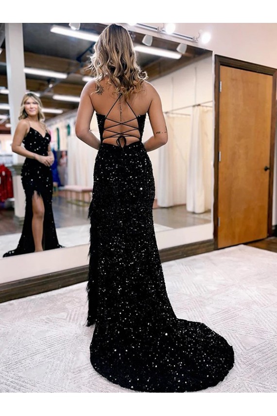 Azul real Cubierta Cuello en V Barrer tren Lentejuelas Terciopelo Largo Vestidos de fiesta