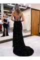 Azul real Cubierta Cuello en V Barrer tren Lentejuelas Terciopelo Largo Vestidos de fiesta