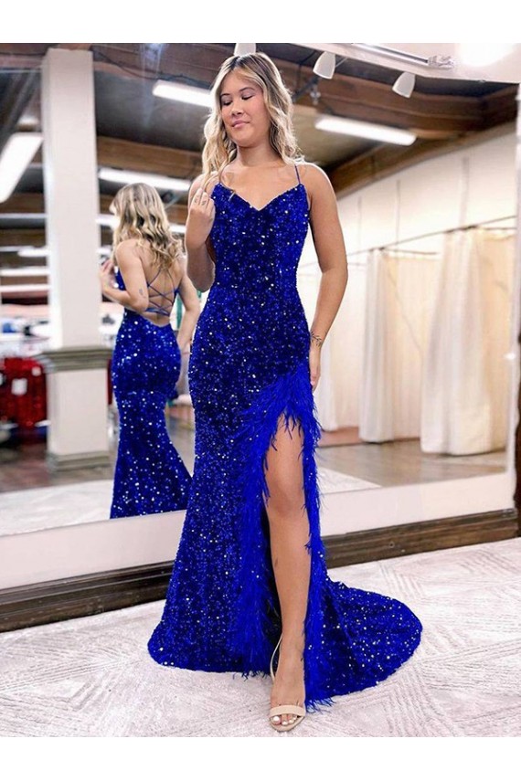 Azul real Cubierta Cuello en V Barrer tren Lentejuelas Terciopelo Largo Vestidos de fiesta