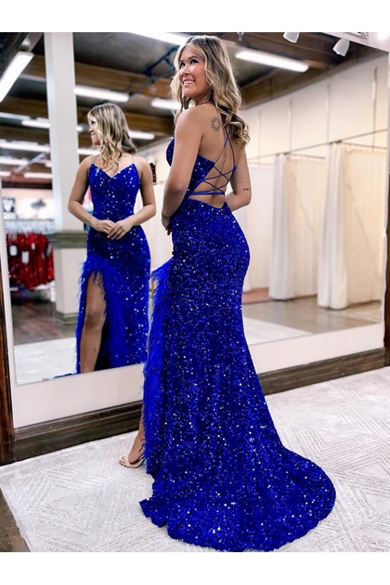 Azul real Cubierta Cuello en V Barrer tren Lentejuelas Terciopelo Largo Vestidos de fiesta