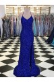 Azul real Cubierta Cuello en V Barrer tren Lentejuelas Terciopelo Largo Vestidos de fiesta