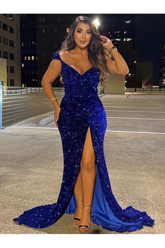 Azul real Cubierta Cuello en V Barrer tren Lentejuelas Terciopelo Largo Vestidos de fiesta