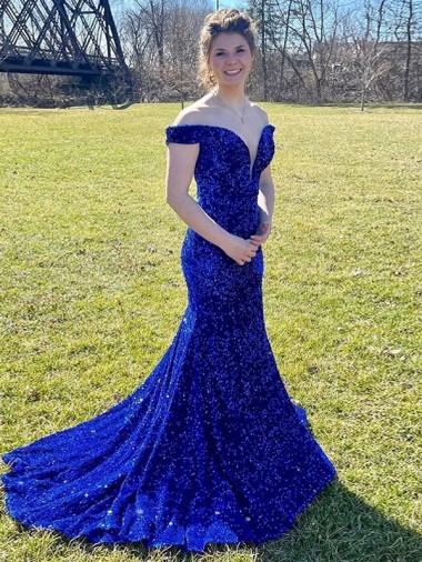 Azul real Cubierta Hombros Descubiertos Barrer tren Lentejuelas Terciopelo Largo Vestidos de fiesta