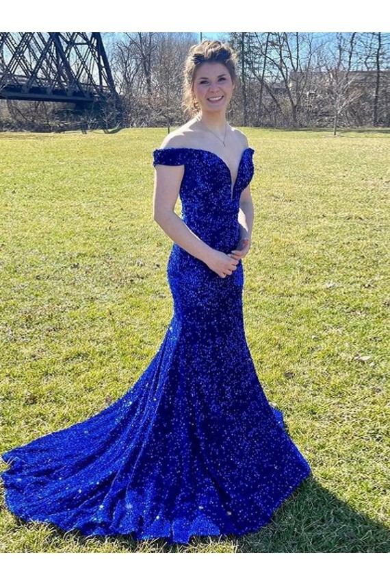 Azul real Cubierta Hombros Descubiertos Barrer tren Lentejuelas Terciopelo Largo Vestidos de fiesta