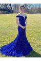 Azul real Cubierta Hombros Descubiertos Barrer tren Lentejuelas Terciopelo Largo Vestidos de fiesta