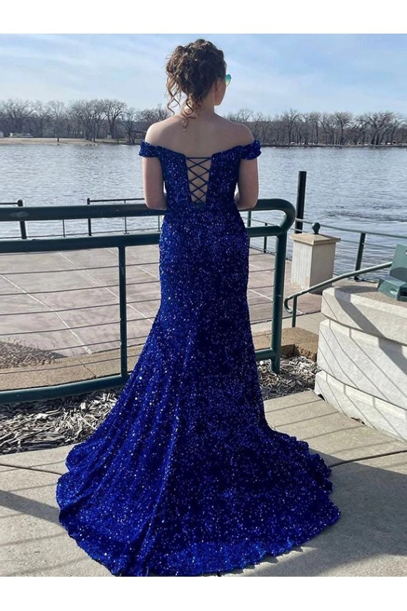 Azul real Cubierta Hombros Descubiertos Barrer tren Lentejuelas Terciopelo Largo Vestidos de fiesta