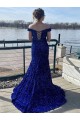 Azul real Cubierta Hombros Descubiertos Barrer tren Lentejuelas Terciopelo Largo Vestidos de fiesta